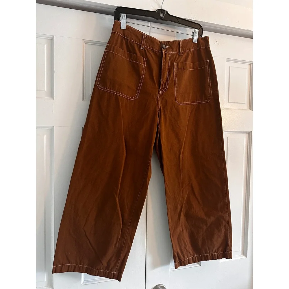 Who What Wear Rust Brown Wide Leg Crop Utility Pants Contrast Stitch Size 10